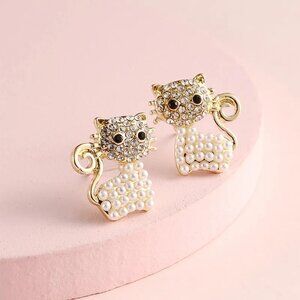 3/$35 Gold Cat Stud Earrings Pearl & Rhinestone Kitty Cute Animal Jewelry